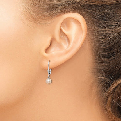 Sterling Silver Rhodium-Plated Polished Pink 6-7mm Freshwater Cultured Pearl Leverback Dangle Earrings