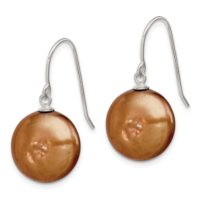 Sterling Silver Polished Brown 13-14mm Fwc Coin Pearl Dangle Earrings