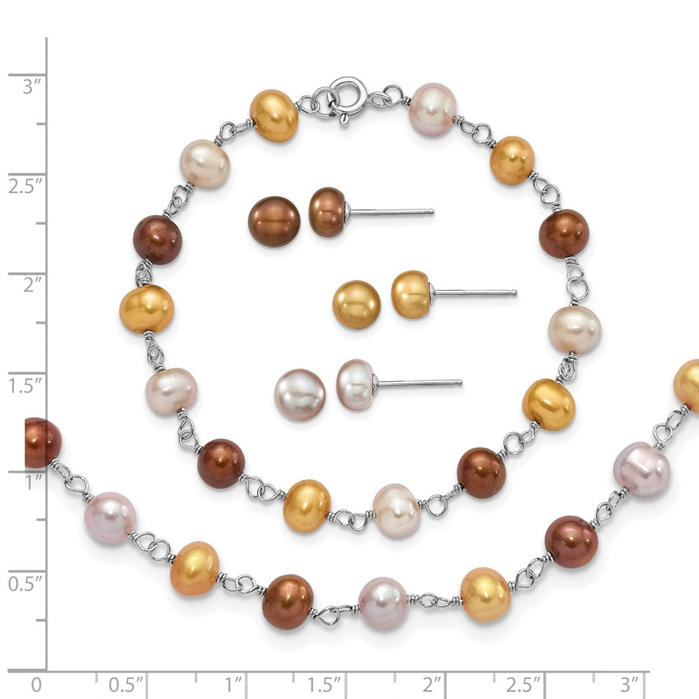 Sterling Silver Rh White/Yellow/Brown Fwc Pearl Neck/Brace/Ear Set