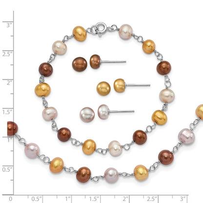Sterling Silver Rh White/Yellow/Brown Fwc Pearl Neck/Brace/Ear Set