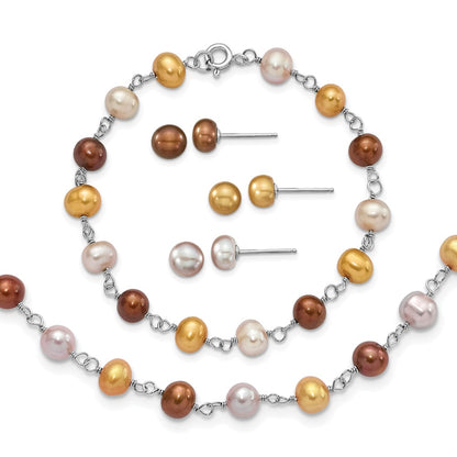 Sterling Silver Rh White/Yellow/Brown Fwc Pearl Neck/Brace/Ear Set