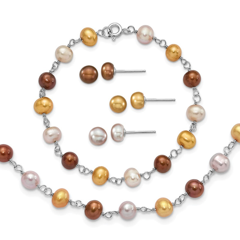 Sterling Silver Rh White/Yellow/Brown Fwc Pearl Neck/Brace/Ear Set