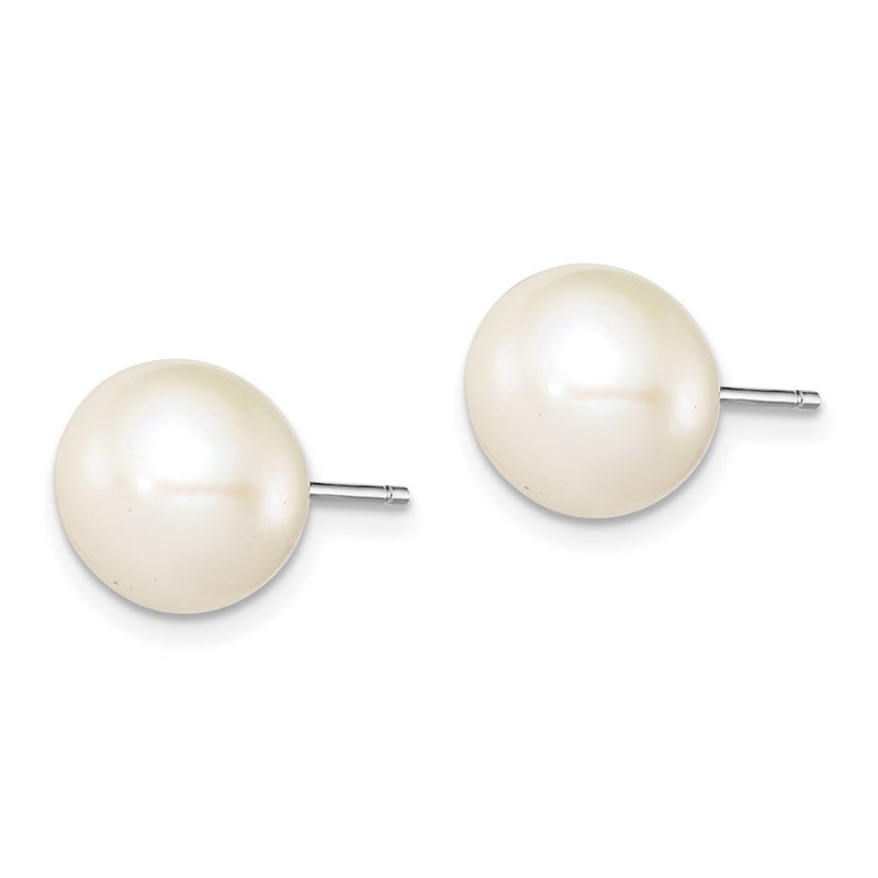 Sterling Silver Rh-Plated 9-10mm White Fwc Button Pearl Earrings