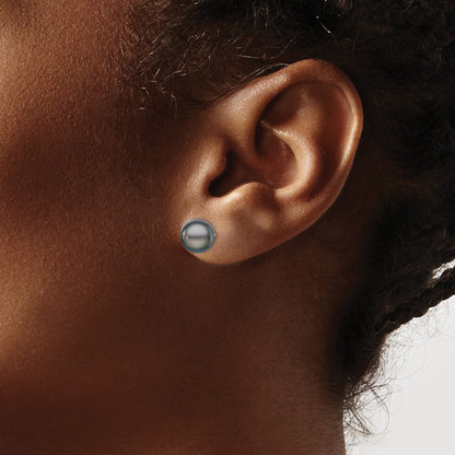 Sterling Silver Rh-Plated 8-9mm Black Fw Cultured Button Pearl Stud Earring