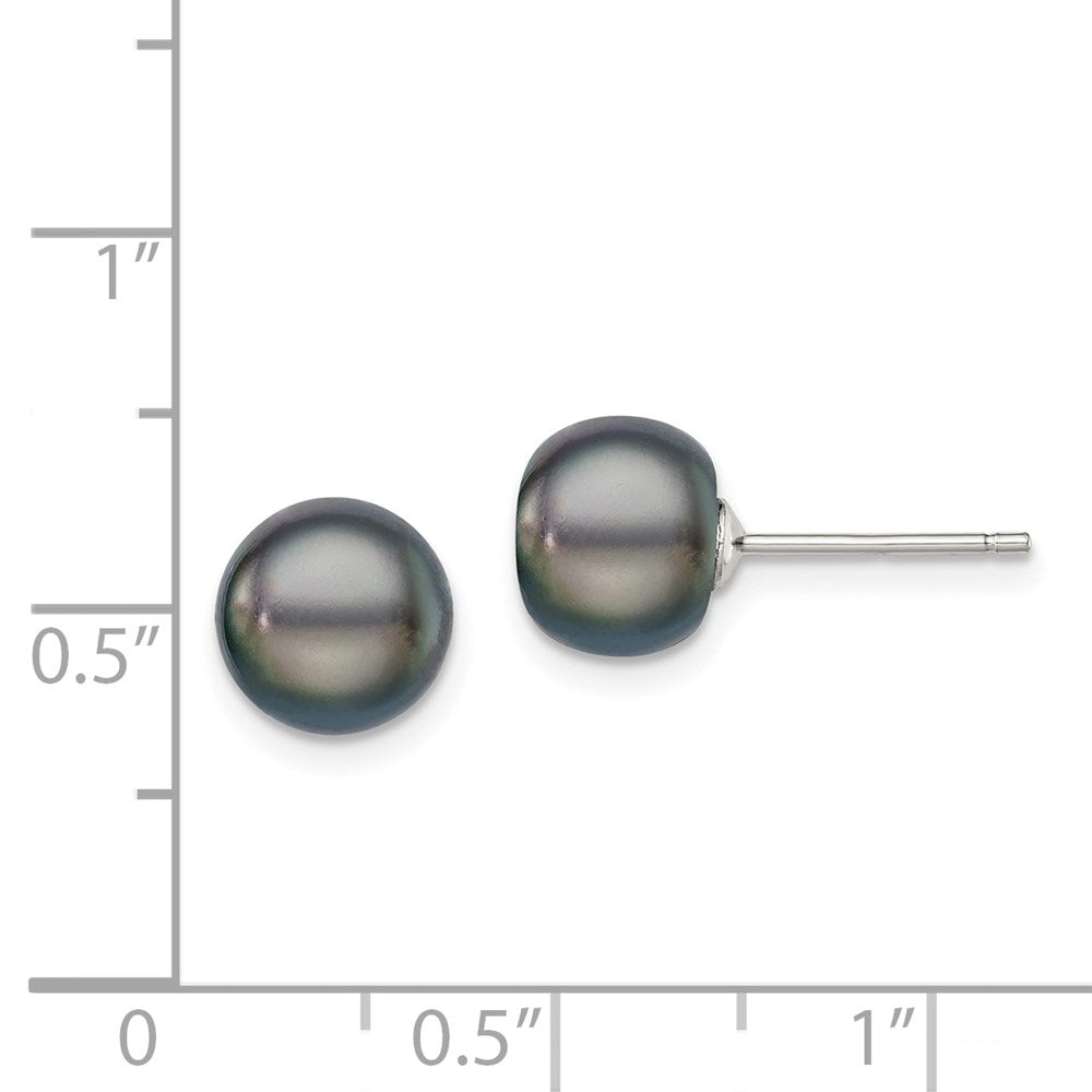 Sterling Silver Rh-Plated 8-9mm Black Fw Cultured Button Pearl Stud Earring