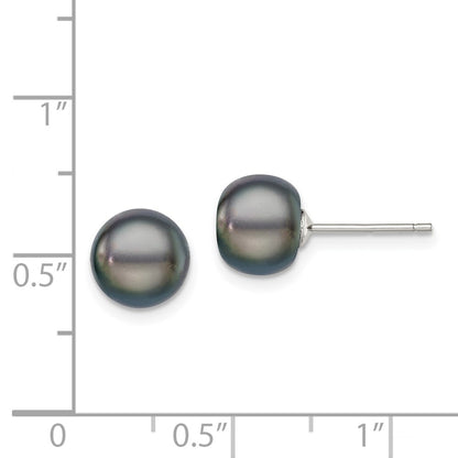 Sterling Silver Rh-Plated 8-9mm Black Fw Cultured Button Pearl Stud Earring