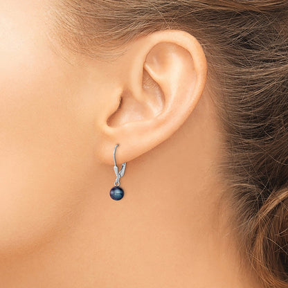 Sterling Silver Rhodium-Plated Polished 6-7mm Black Freshwater Cultured Pearl Leverback Dangle Earrings