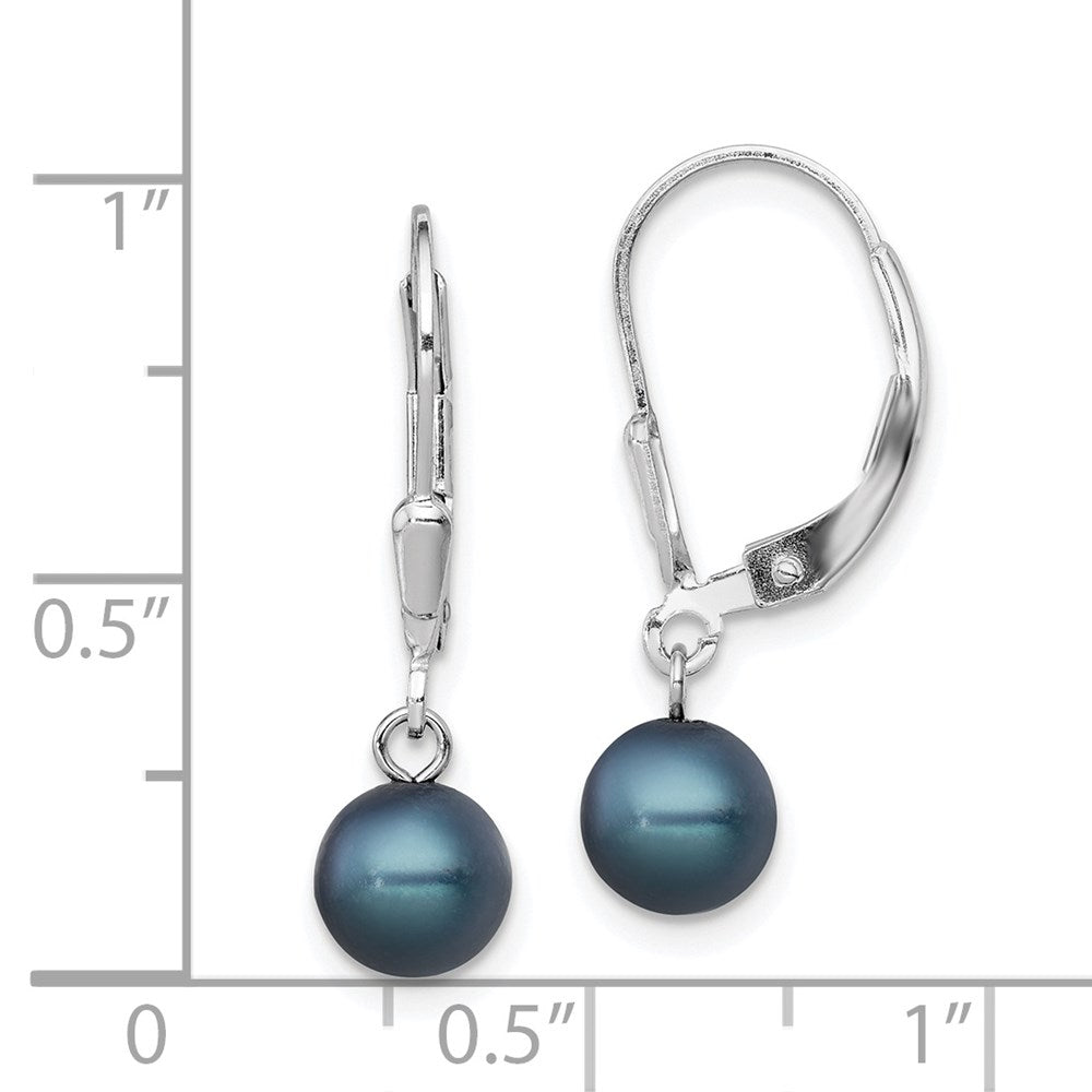 Sterling Silver Rhodium-Plated Polished 6-7mm Black Freshwater Cultured Pearl Leverback Dangle Earrings
