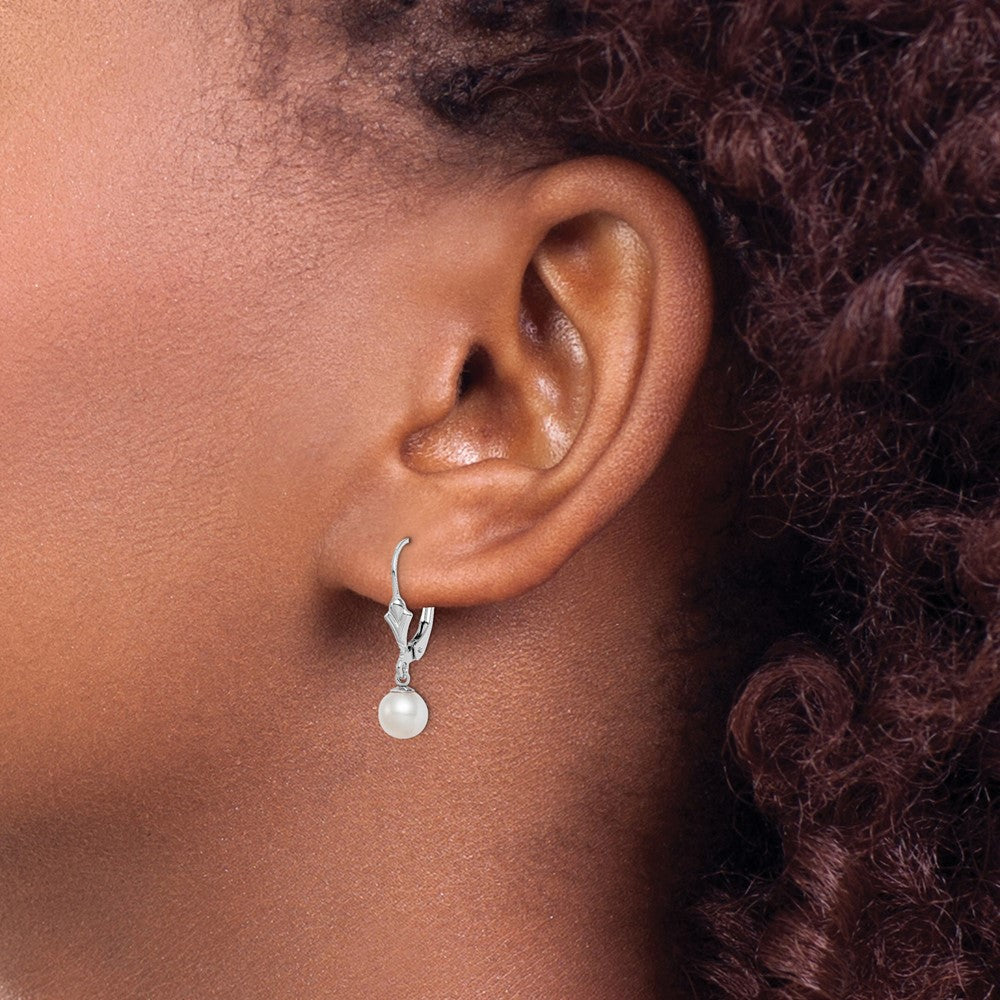 Sterling Silver Rhodium-Plated Polished White 6-7mm Freshwater Cultured Pearl Leverback Dangle Earrings