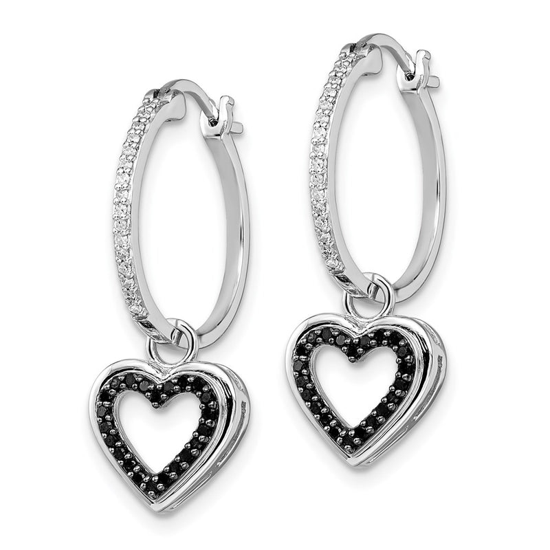 Sterling Silver White Night Rhodium-Plated Black And Diamond With Dangle Heart Hoop Earring
