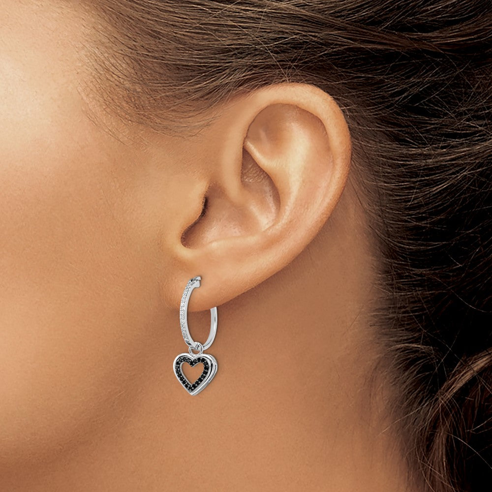 Sterling Silver White Night Rhodium-Plated Black And Diamond With Dangle Heart Hoop Earring