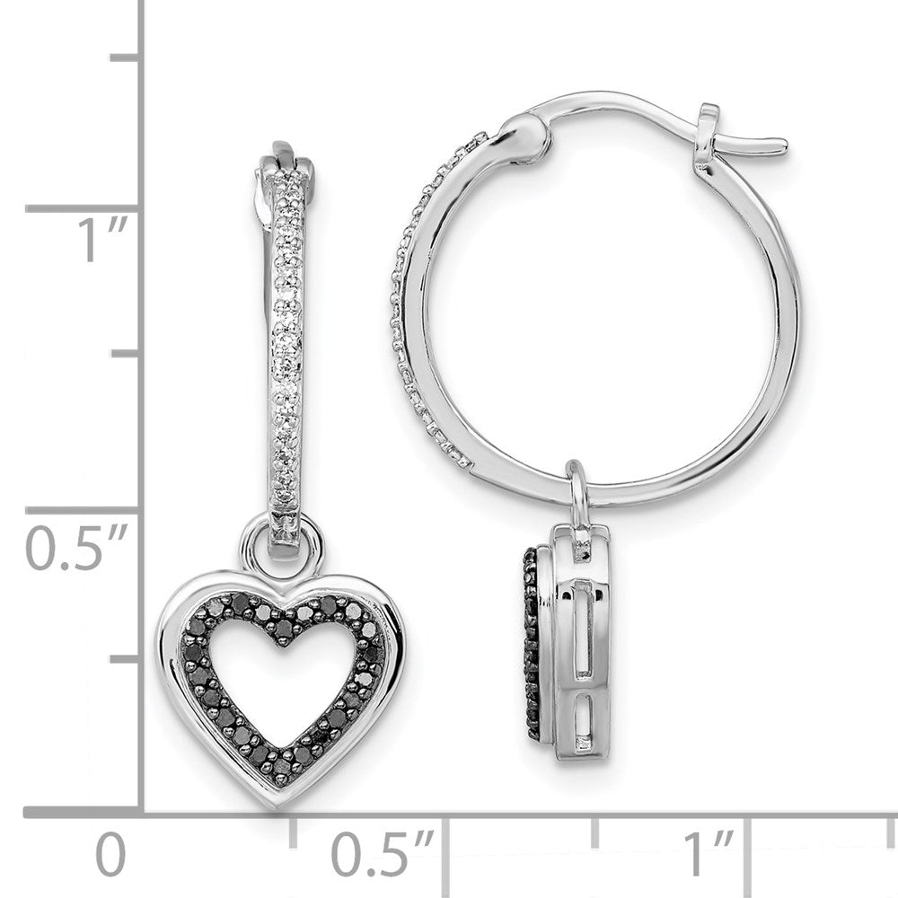 Sterling Silver White Night Rhodium-Plated Black And Diamond With Dangle Heart Hoop Earring