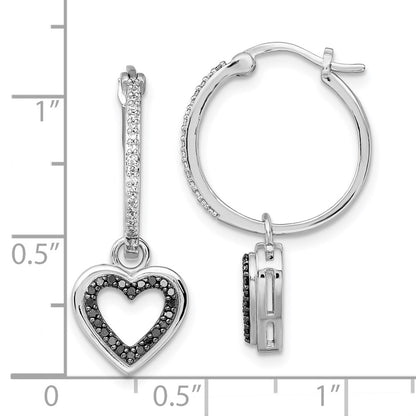 Sterling Silver White Night Rhodium-Plated Black And Diamond With Dangle Heart Hoop Earring
