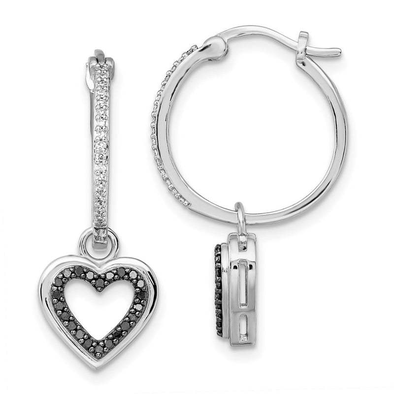 Sterling Silver White Night Rhodium-Plated Black And Diamond With Dangle Heart Hoop Earring