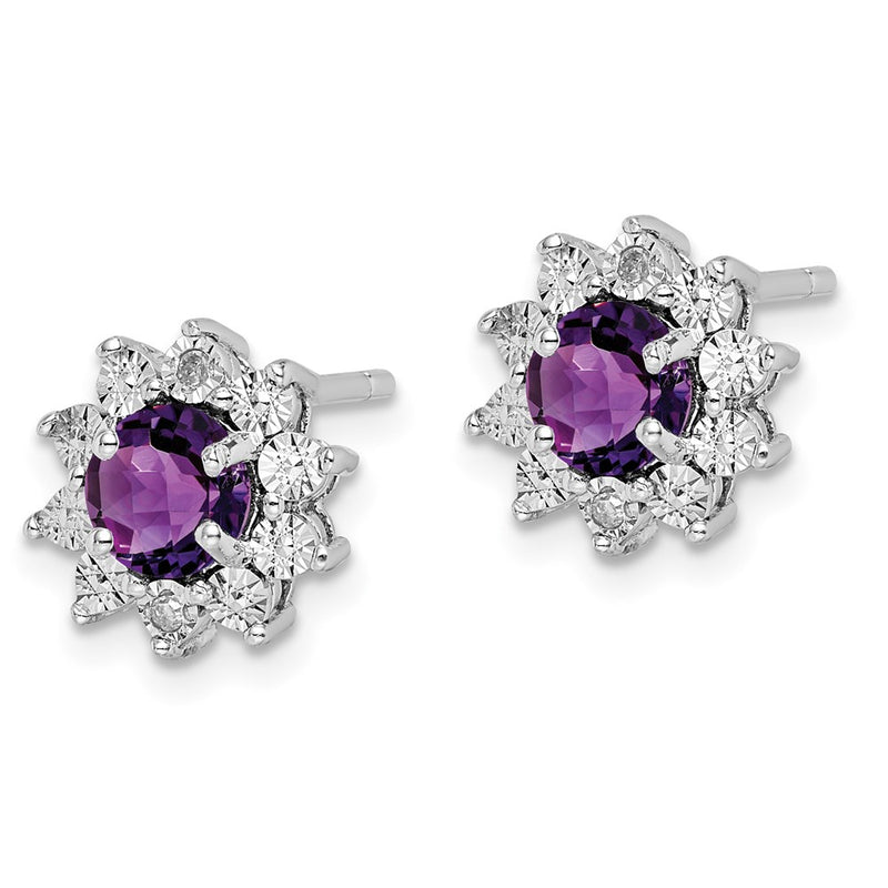 Sterling Silver Rhodium-Plated Diamond And Amethyst Earring
