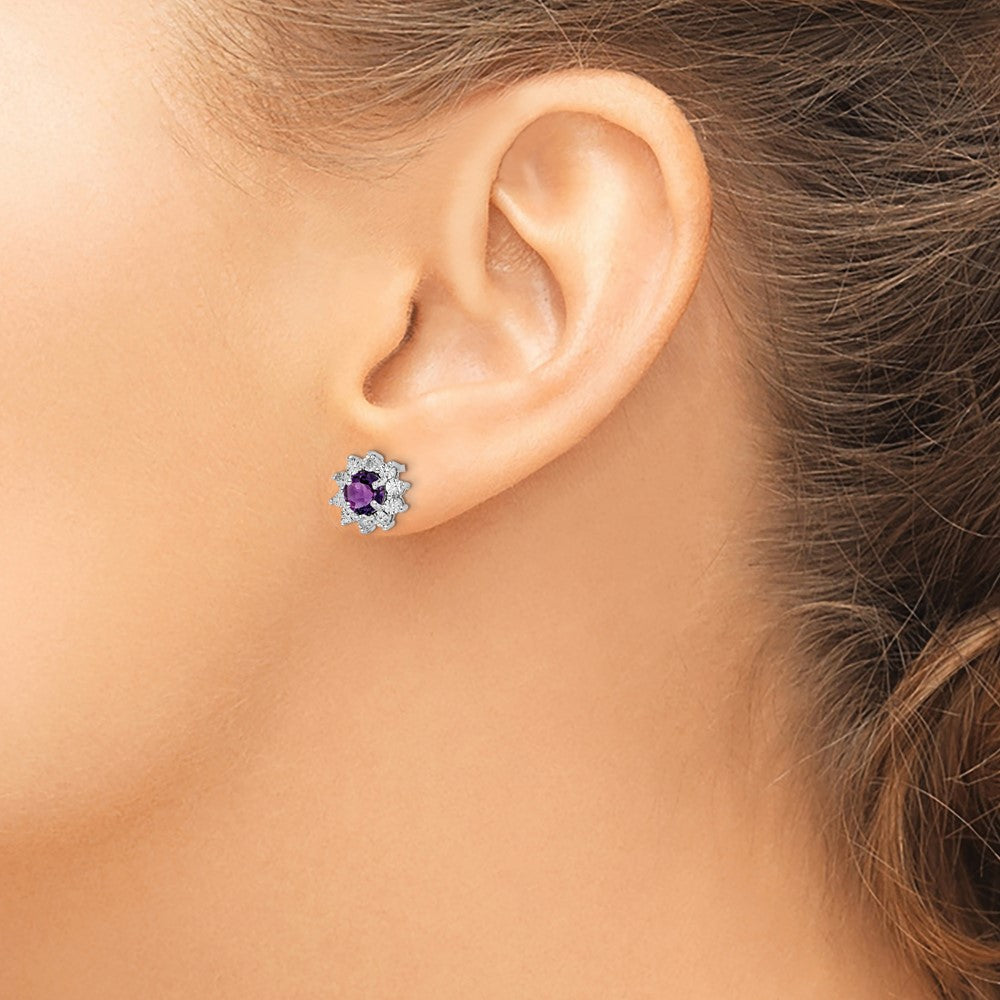 Sterling Silver Rhodium-Plated Diamond And Amethyst Earring