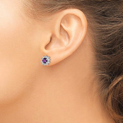 Sterling Silver Rhodium-Plated Diamond And Amethyst Earring