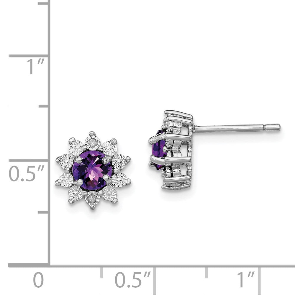 Sterling Silver Rhodium-Plated Diamond And Amethyst Earring