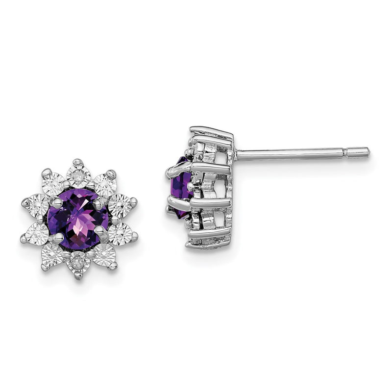 Sterling Silver Rhodium-Plated Diamond And Amethyst Earring