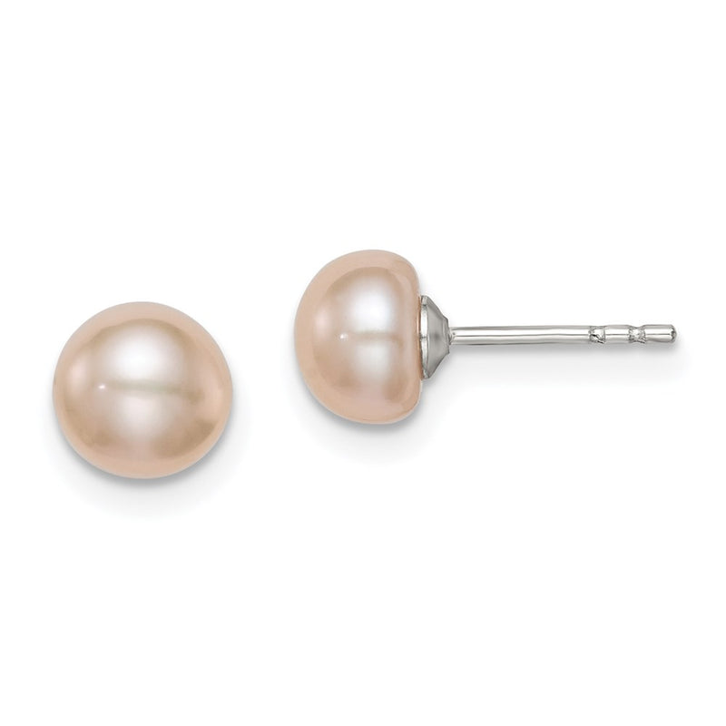 Sterling Silver Rh-Plated 6-7mm Pink Fw Cultured Button Pearl Earrings