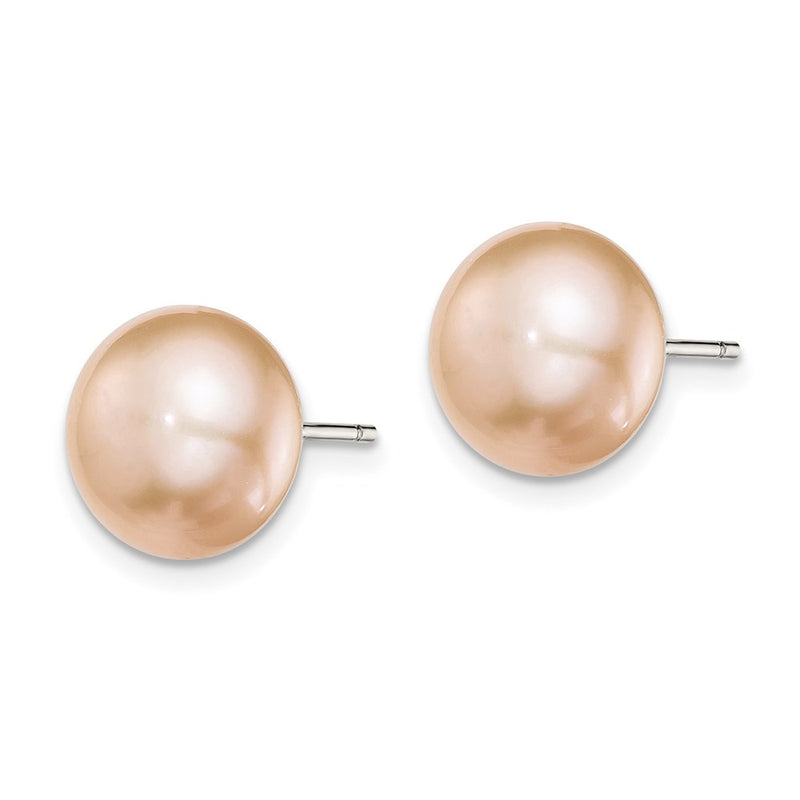 Sterling Silver Rh-Plated 10-11mm Pink Fw Cultured Button Pearl Earrings