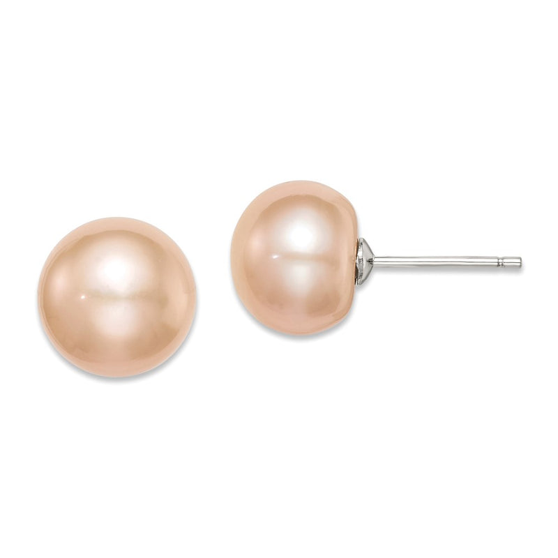 Sterling Silver Rh-Plated 10-11mm Pink Fw Cultured Button Pearl Earrings