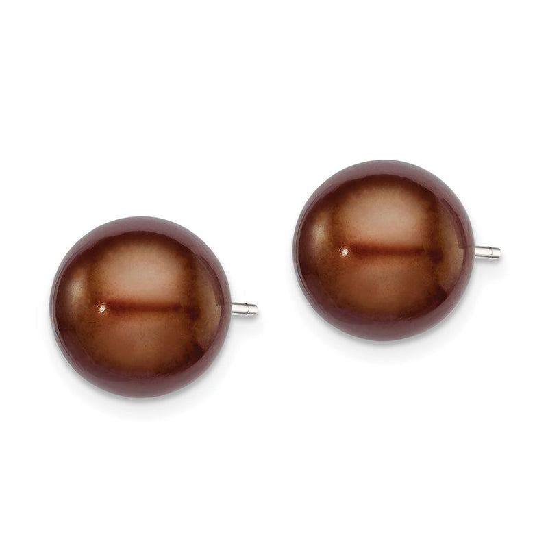 Sterling Silver Rh-Plated 10-11mm Brown Fwc Button Pearl Earrings