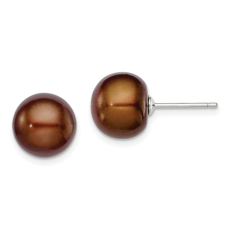 Sterling Silver Rh-Plated 10-11mm Brown Fwc Button Pearl Earrings