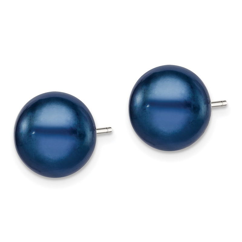 Sterling Silver Rh-Plated 10-11mm Black Fwc Button Pearl Earrings