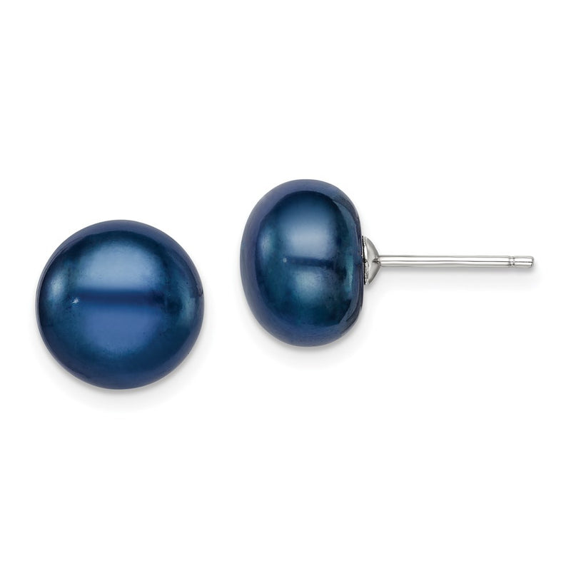 Sterling Silver Rh-Plated 10-11mm Black Fwc Button Pearl Earrings
