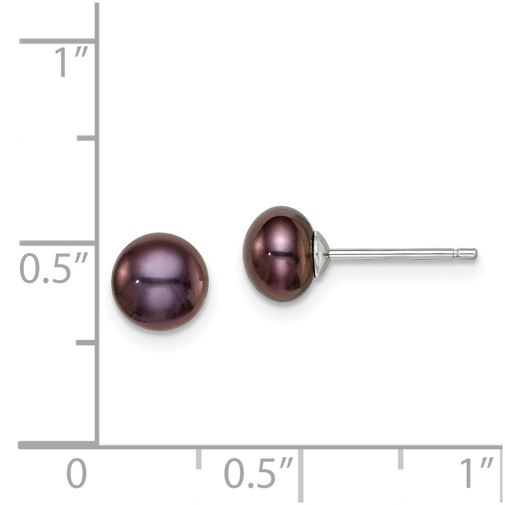 Sterling Silver Rh-Plated 6-7mm Fw Cultured Button Pearl Black Earrings
