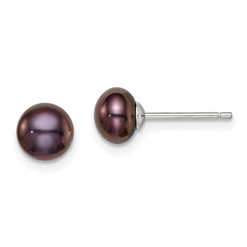 Sterling Silver Rh-Plated 6-7mm Fw Cultured Button Pearl Black Earrings