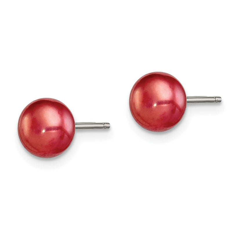 Sterling Silver Rhod-Pltd Red 6-7mm Button Fwc Pearl Post Earrings