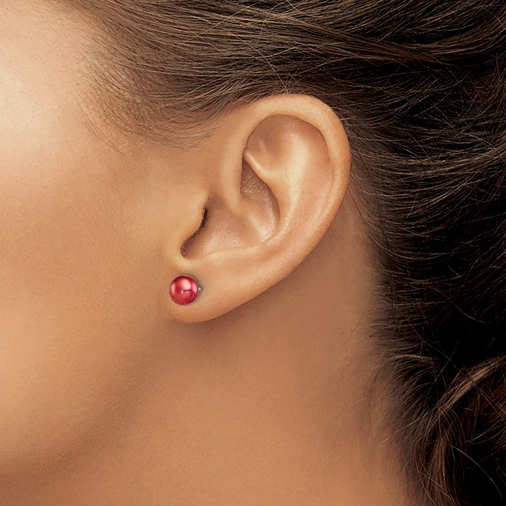 Sterling Silver Rhod-Pltd Red 6-7mm Button Fwc Pearl Post Earrings