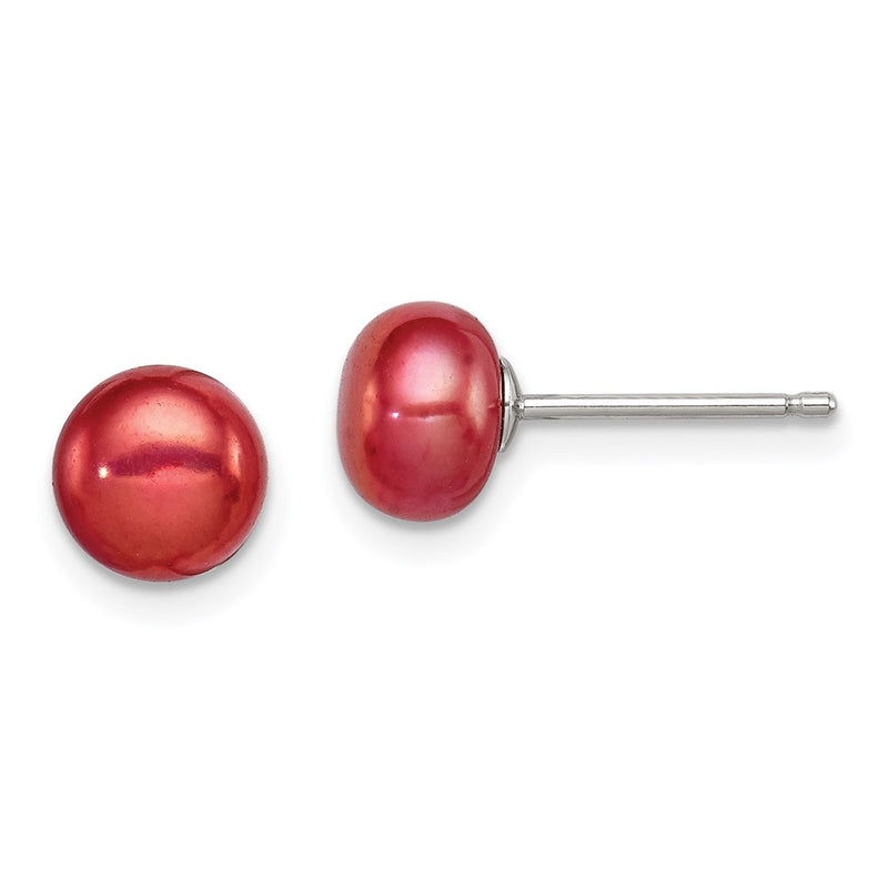 Sterling Silver Rhod-Pltd Red 6-7mm Button Fwc Pearl Post Earrings