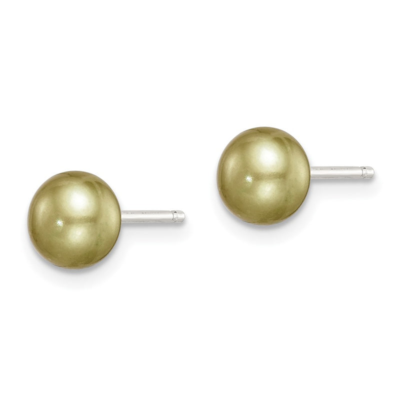 Sterling Silver Rhod-Pltd Green 6-7mm Button Fwc Pearl Post Earrings