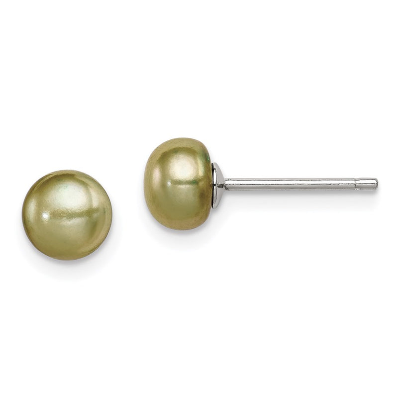 Sterling Silver Rhod-Pltd Green 6-7mm Button Fwc Pearl Post Earrings