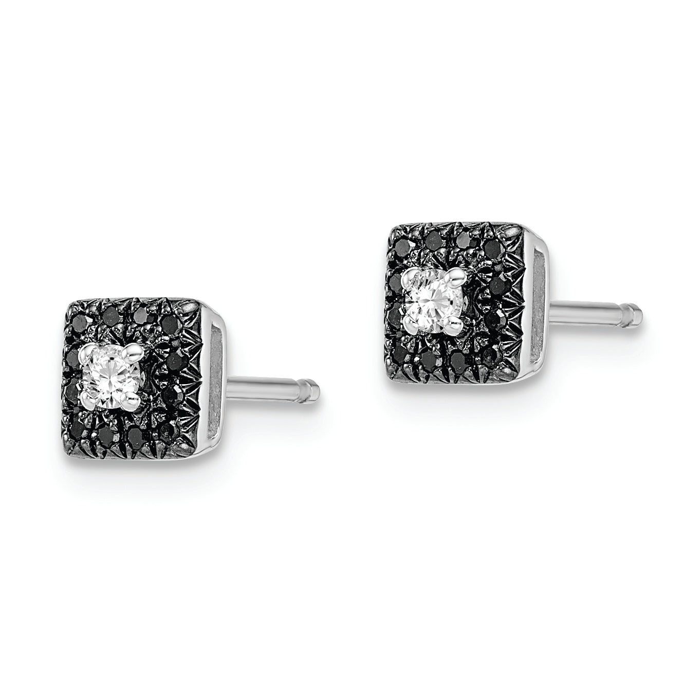 Sterling Silver White Night Rhodium-Plated Black And Diamond Square Stud Post Earrings