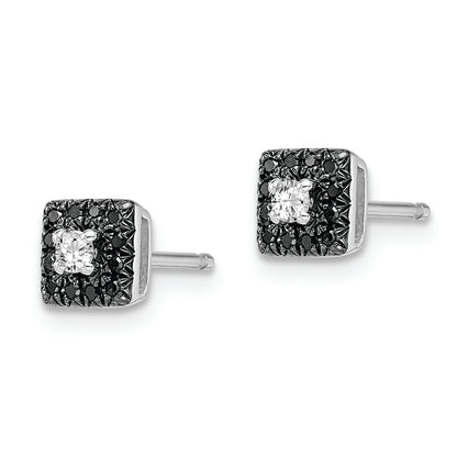 Sterling Silver White Night Rhodium-Plated Black And Diamond Square Stud Post Earrings