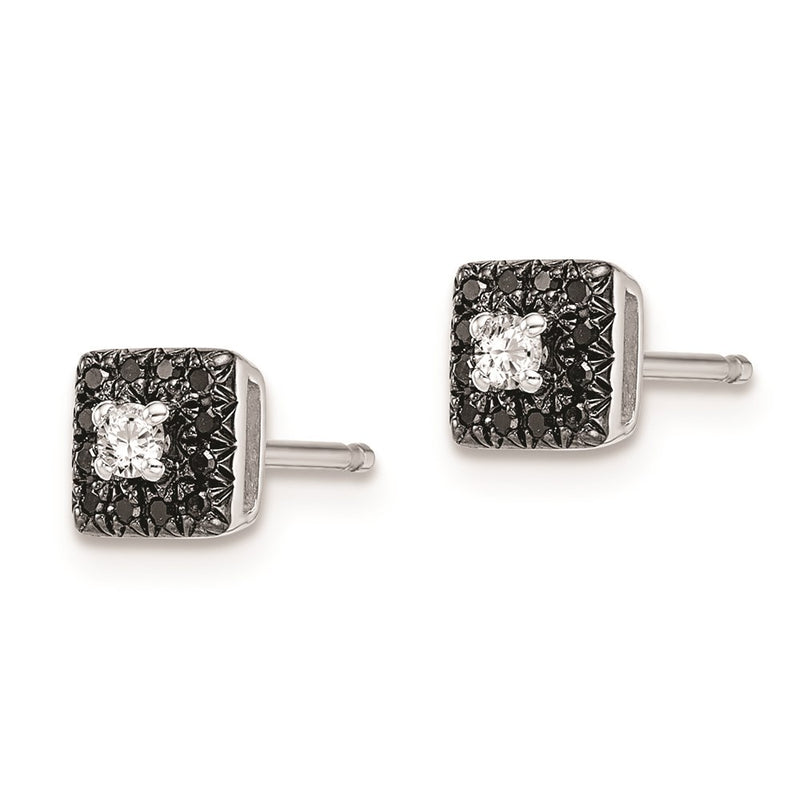 Sterling Silver White Night Rhodium-Plated Black And Diamond Square Stud Post Earrings
