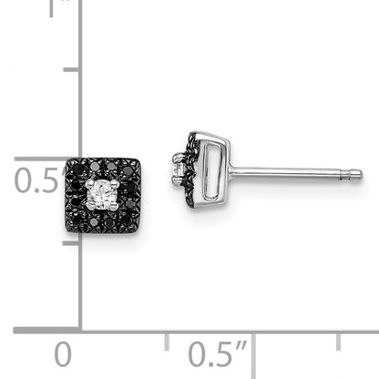 Sterling Silver White Night Rhodium-Plated Black And Diamond Square Stud Post Earrings