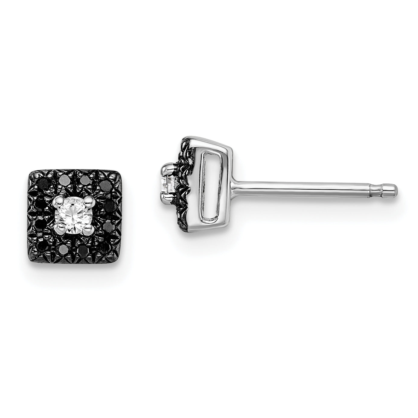 Sterling Silver White Night Rhodium-Plated Black And Diamond Square Stud Post Earrings
