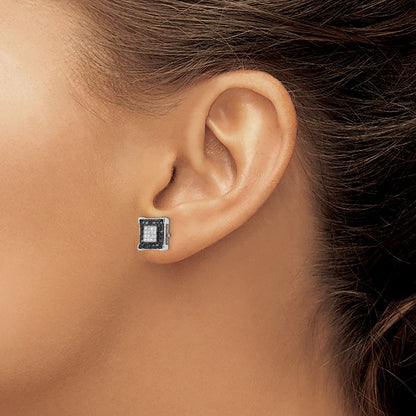 Sterling Silver White Night Rhodium-Plated Black And Diamond Square Post Earrings