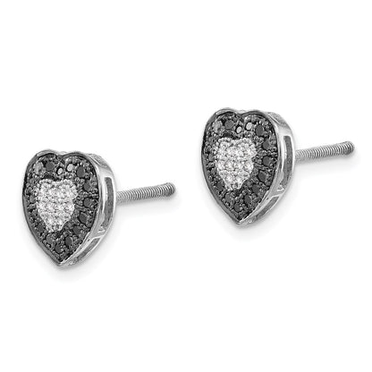 Sterling Silver White Night Rhodium-Plated Black And Diamond Heart Post Earrings