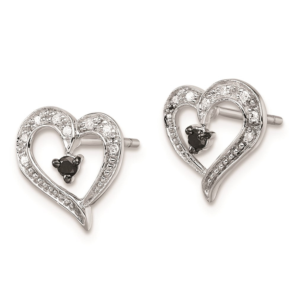 Sterling Silver White Night Rhodium-Plated Black And Diamond Heart Post Earrings