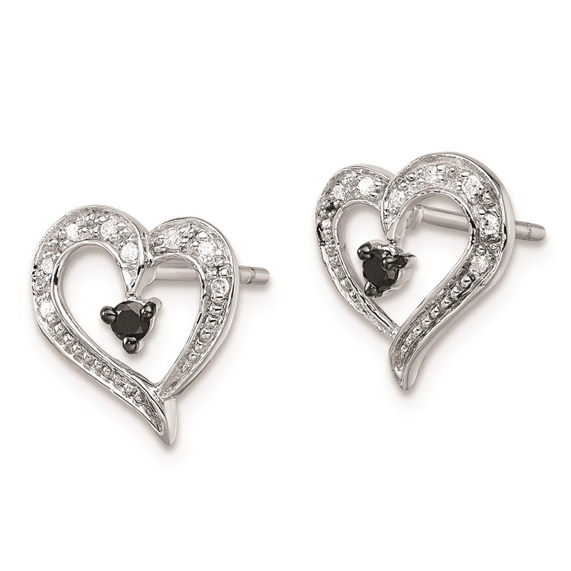 Sterling Silver White Night Rhodium-Plated Black And Diamond Heart Post Earrings