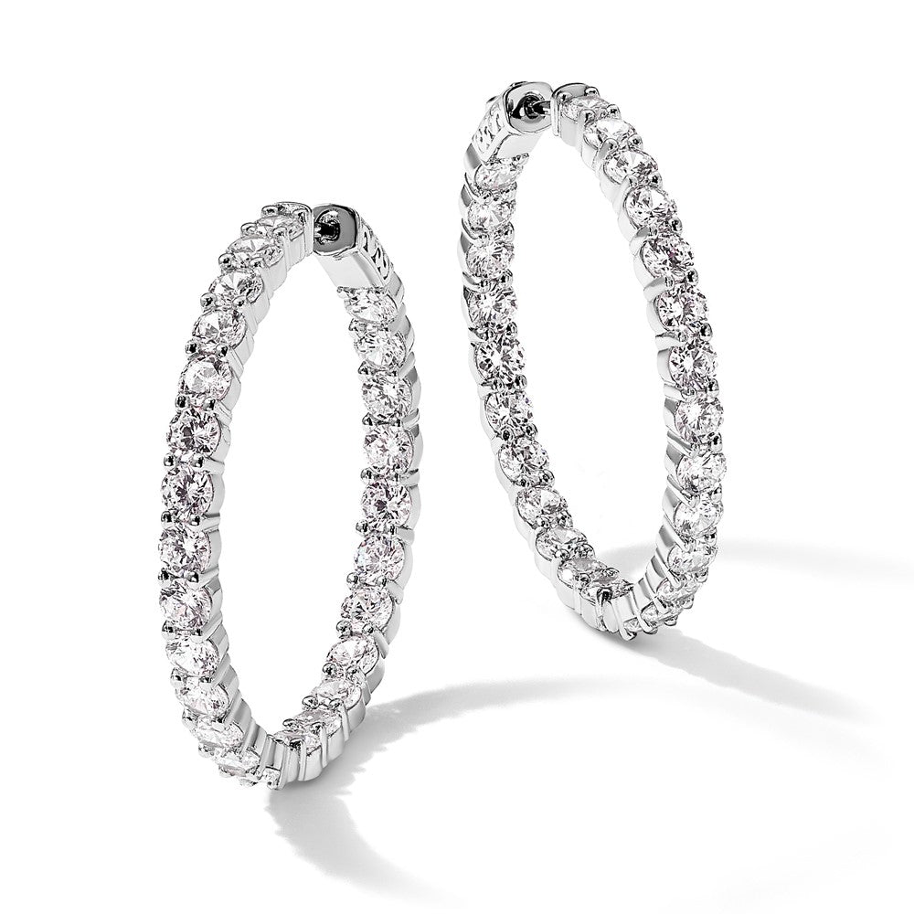 Sterling Silver Shimmer Rhodium-Plated 50 Stone 3.75mm Cz In And Out Round Hinged Hoop Earrings