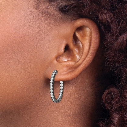 Sterling Silver Shimmer Black Rhodium-Plated 42 Stone 2.5mm Cz In And Out Oval Hinged Hoop Earrings