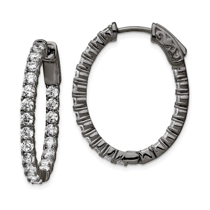 Sterling Silver Shimmer Black Rhodium-Plated 42 Stone 2.5mm Cz In And Out Oval Hinged Hoop Earrings