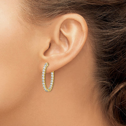 Sterling Silver Shimmer Gold-Tone Flash Gold-Plated 42 Stone 2.5mm Cz In And Out Oval Hinged Hoop Earrings